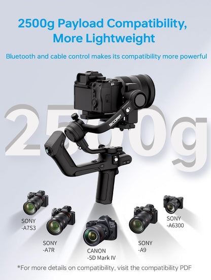 Feiyu Scorp 2 Kit (officieel), stabilisator voor DSLR-camera's van Canon/Sony/Panasonic/Nikon/Fujifilm, 2,5 kg belasting, touchscreen, 13 uur looptijd