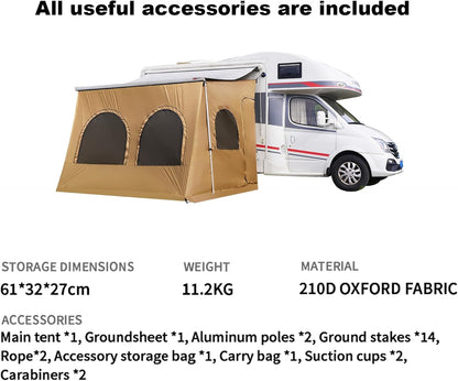 RV Luifel Screen Room Campervan Luifel Tent Camper Luifel Zonnescherm Zonnescherm voor Fiamma en Thule en Dometic Stijl Luifels. Polyester Stof Constructie, Zonbestendig, Winddicht, (Bruin 11,14 m)