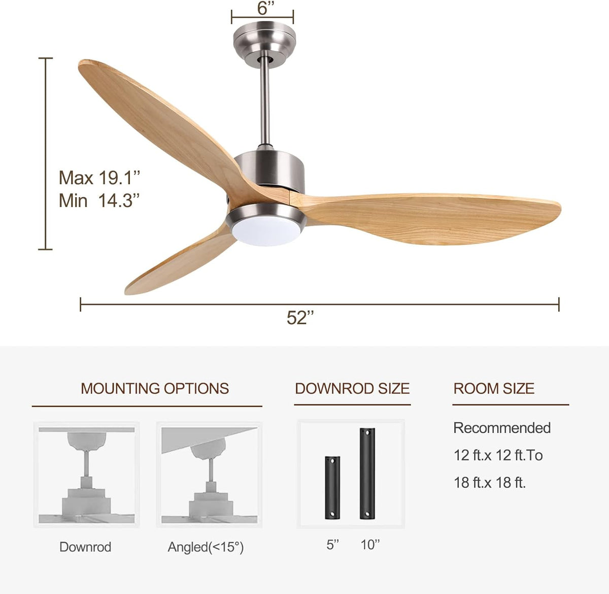 Ovlaim 132cm massief houten plafondventilatoren met verlichting Afstandsbediening, Stille DC Motor 3 Blade Propeller Slimme Plafondventilator, Binnen Woonkamer Slaapkamer, Natuur & Zilver