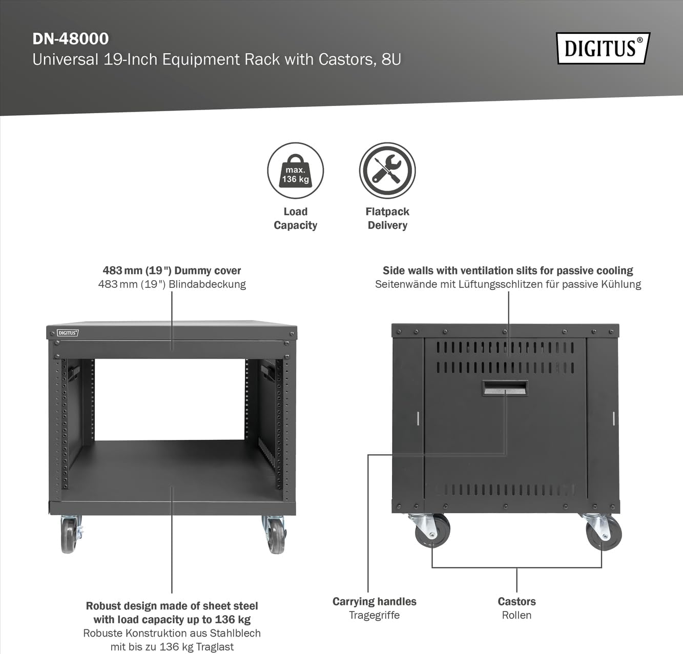 DIGITUS DN-48000 - Audiorek - 19-inch - 8U - Universeel apparatuurrek - Voor audio-video accessoires - Niet gemonteerd - Max. belasting 136 kg - Met wielen - Zwart