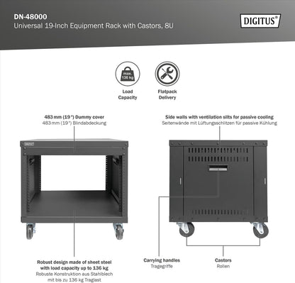 DIGITUS DN-48000 - Audiorek - 19-inch - 8U - Universeel apparatuurrek - Voor audio-video accessoires - Niet gemonteerd - Max. belasting 136 kg - Met wielen - Zwart