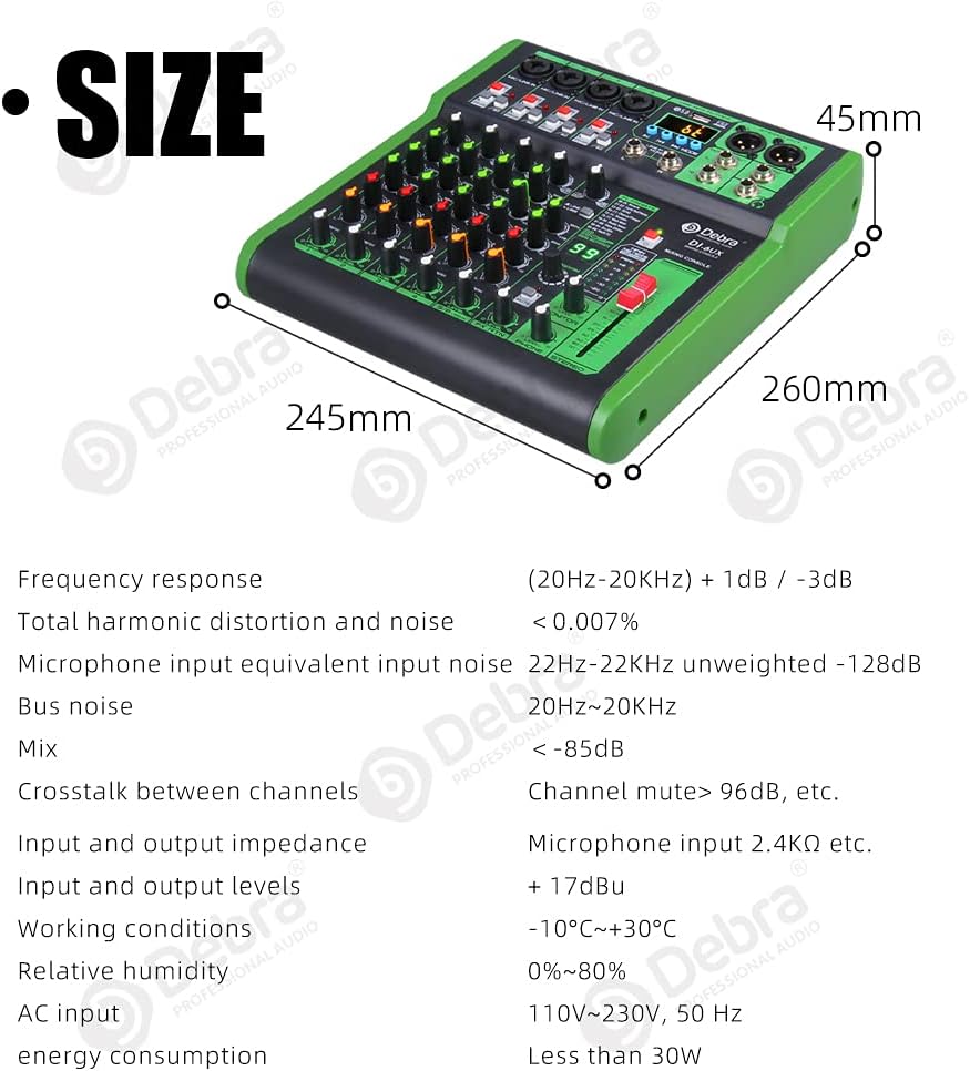 D Debra 6-Kanaals DJ Mixer, 99 DSP Effecten, USB/MP3 Ingang, 48V Fantoomvoeding, Ideaal voor DJ, Karaoke, Thuisstudio