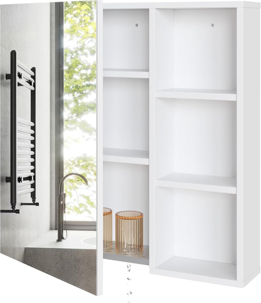Mondeer Spiegelkast voor de badkamer, hangkast met spiegeldeur en verstelbare planken, afwateringsplank, ruimtebesparend, moderne stijl, 65 x 15 x 65 cm, wit