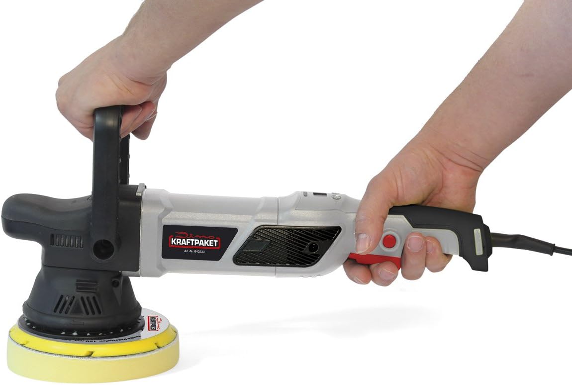 Dino KRAFTPAKET Excentrische polijstmachine, 21 mm - 950 W, 12-traps met lcd-display en geheugenfunctie, set met polijstspons, polijstschijf, tas voor auto, boot, XXL-HUB