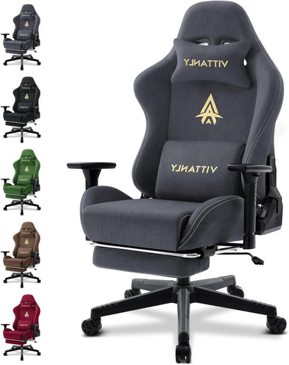 Vittanly Gaming Chair, Luxury Breathable Faux Suede Ergonomic Gaming Chair with Footrest, Headrest and Lumbar Cushion, 3D Armrests, 90-155 Degree Backrest, Grey - QUORE