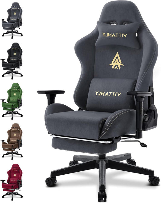 Vittanly Gaming Chair, Luxury Breathable Faux Suede Ergonomic Gaming Chair with Footrest, Headrest and Lumbar Cushion, 3D Armrests, 90-155 Degree Backrest, Grey - QUORE