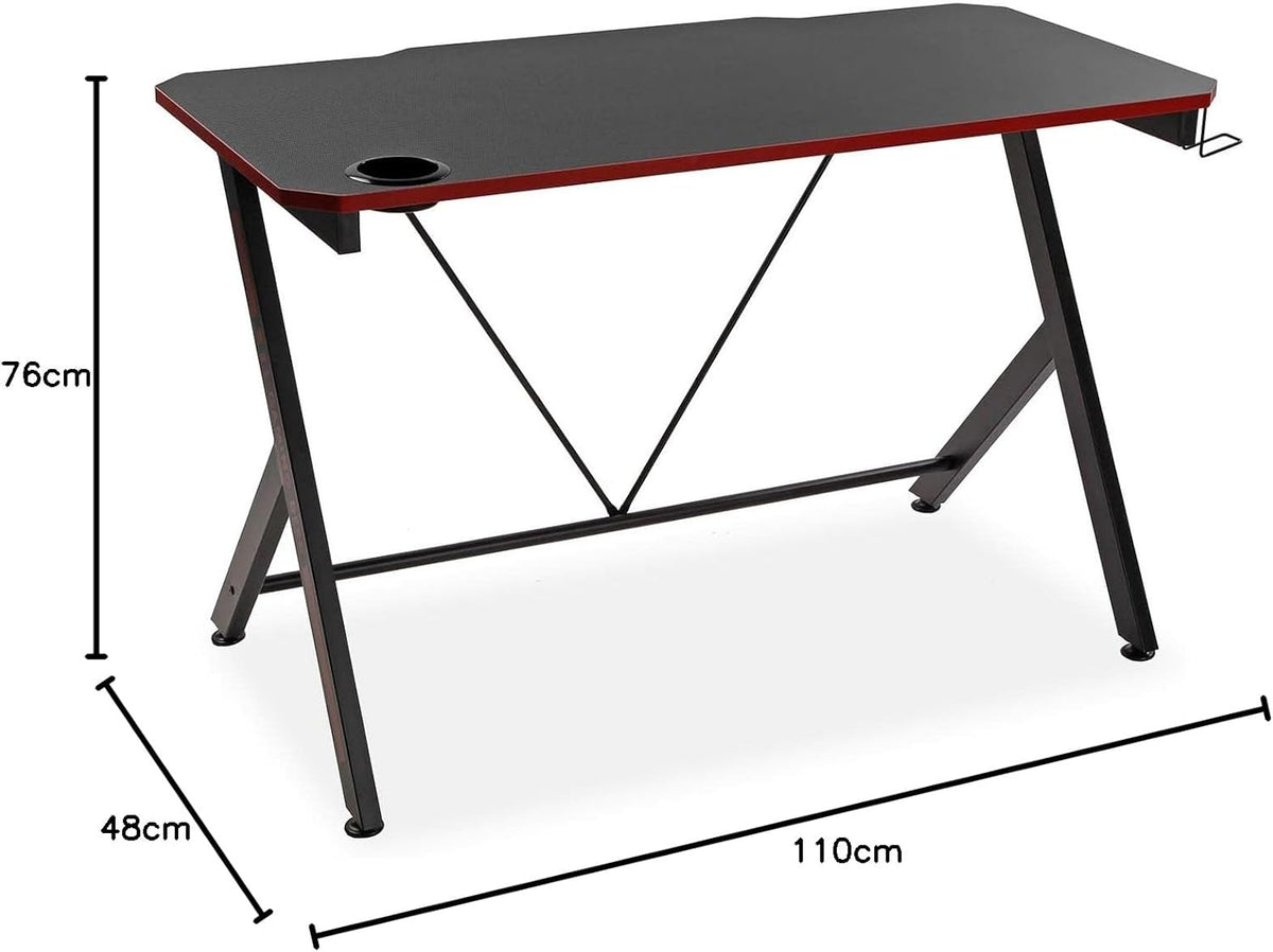 Versa Pablo Computer Bureau Tafel, Slaapkamer of Studie Tafel. Gaming tafel, Helm- en drankhouder, Afmetingen (H x B x H) 76 x 60 x 120 cm, Hout en Metaal, Kleur Zwart en rood