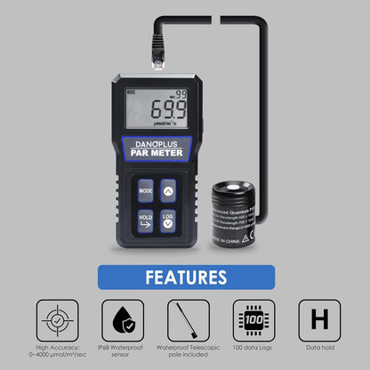 Quantum PAR Meter, Waterdichte PAR Meter voor Rif Tank Aquarium Planten IP68 Quantum Sensor Full-Spectrum PPFD Meter Data Logger, 79“ Kabel en 37” Stevige Telescopische Pool inbegrepen
