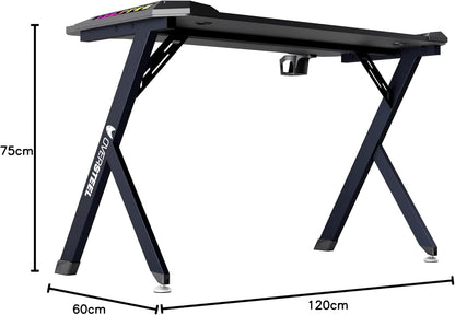 Oversteel - Vitallium Gaming Tafel 120x60x75 cm, RGB LED Licht, Carbon Fiber Oppervlak, Ergonomisch, Beker- en Headsethouder, Computer Bureau, Zwart