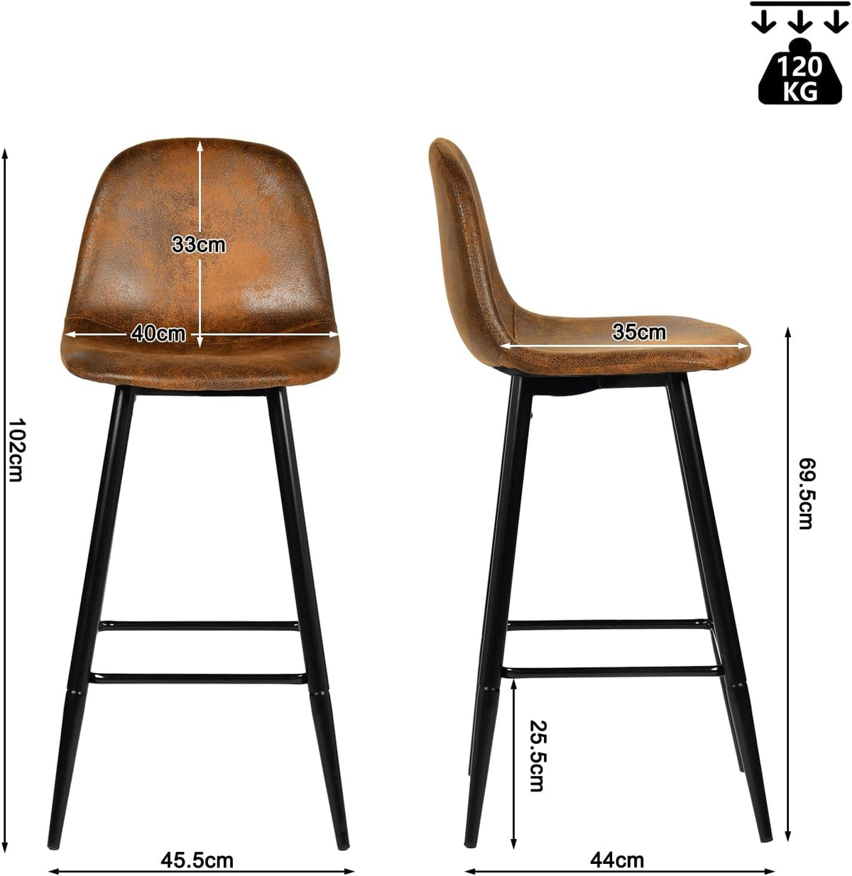 MEUBLE COSY Barkrukken, set van 2 barstoel vintage, met rugleuning en voetensteun, van kunstsuède, metalen poten, voor bistro, café, keuken, bruin, 45,5x49x103,5cm