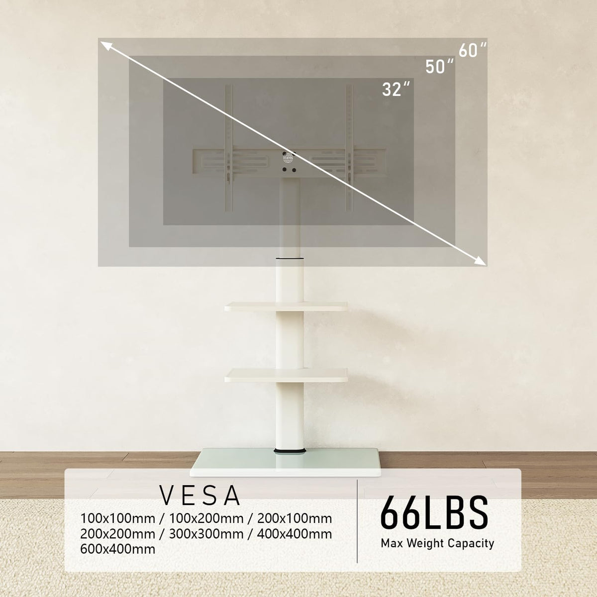 Tv-Vloerstandaard Wit – Tv Standaard – Tv Stand – Universele Tv Standaard – Vrijstaande Tv Standaard – Voor 32-60 Inch Tv met 3 Planken, Draaibaar Tot 70°