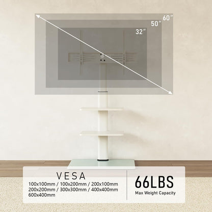 Tv-Vloerstandaard Wit – Tv Standaard – Tv Stand – Universele Tv Standaard – Vrijstaande Tv Standaard – Voor 32-60 Inch Tv met 3 Planken, Draaibaar Tot 70°