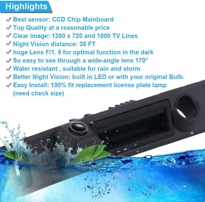 HD IP68 170° groothoek kofferbakgreep achterklep achteruitrijcamera parkeercamera vervanging voor Audi A3 8P/8V 8PA S3 V6/A4 B7 S5/limousine/RS4/A5 RS5/A6 C6 C5/A8 S8/Q7 4L/RS3/S4/RS6/Seat Exeo 3R. 2