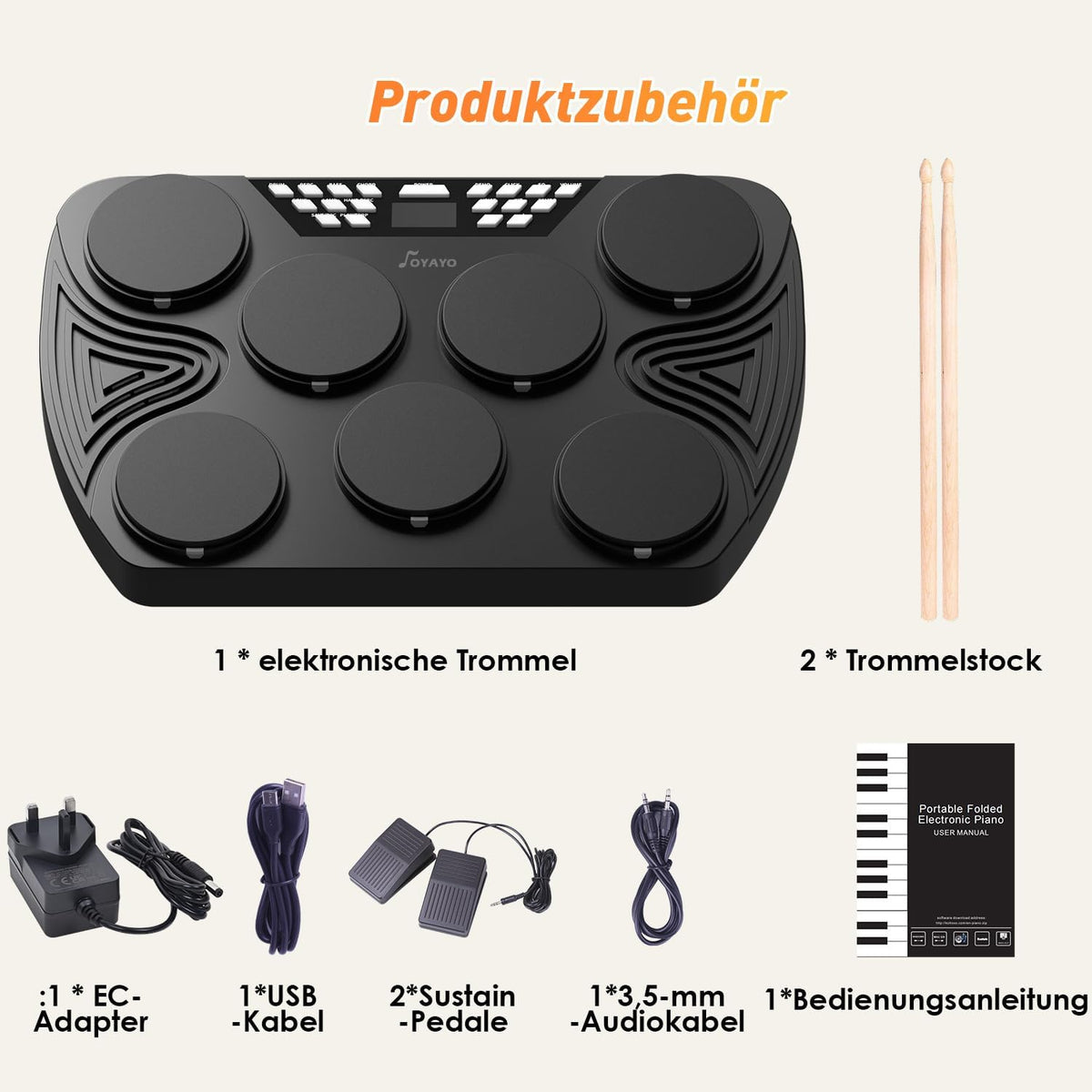 Elektronisch Drumstel – Elektronische Drumkit – Digitale Trommelset – Oprolbaar Drumpad – 7 Drumpads En 2 Pedalen, LCD-Display Met Ingebouwde Luidsprekers