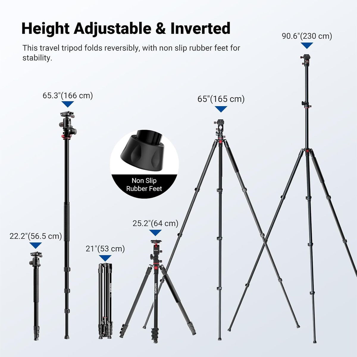 NEEWER Overhead horizontale camerastatief Monopod met kogelkop en flexibele middenkolom, 90 inch hoge metalen DSLR video-reisstandaard, Arca-type QR-plaat en omgekeerde poten, maximale belasting 15