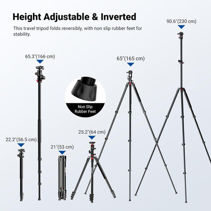 NEEWER Overhead horizontale camerastatief Monopod met kogelkop en flexibele middenkolom, 90 inch hoge metalen DSLR video-reisstandaard, Arca-type QR-plaat en omgekeerde poten, maximale belasting 15