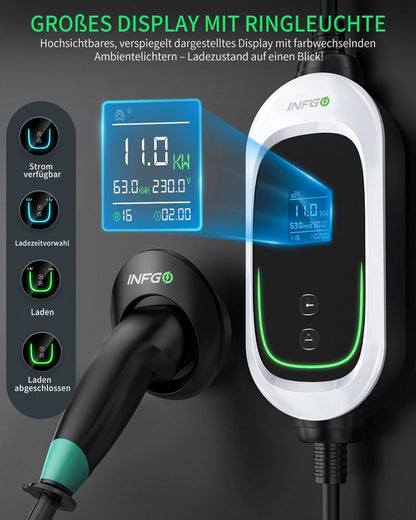 Mobiele Wallbox 11 kW [3-fasig, 12 m, 6-16 A], EV oplader met instelbaar laadvermogen en timerfunctie, type 2 oplaadkabel CEE-stekker voor model Y/3, ID.3, i4, EQB, e-tron enz., wit