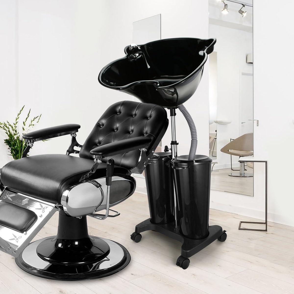 Mobiele wastafel – Haarwastafel – Mobiele Wasbak – Shampootafel – Shampoobak – In Hoogte Verstelbaar 100-136 Cm – Tot 270 Graden Kantelbaar Met Voetpomp En Twee Emmers