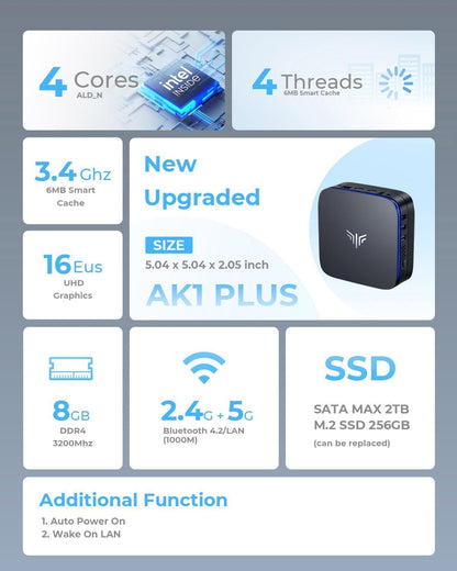 NiPoGi AK1 Plus Mini PC Ιntel Alder Lake Ν95 (tot 3,4 GHz) 8GB DDR4 256GB SSD, Micro Computer Desktop PC met 2,5 inch SSD/Gigabit Ethernet/WiFi 5/BT4.2 /Twee HDMI 4K UHD Kleine PC voor Kantoor/School