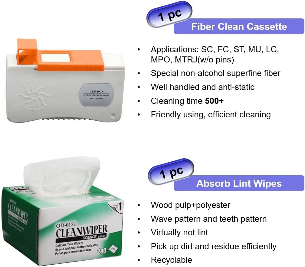 Fiber Optic Cleaning Kit Fiber Optic FTTH Cleaner Tools with 1.25mm / 2.5mm One Click Cleaner Pens and Cleaning Sticks Wipes for Cleaning FC SC ST LC MU Connectors
