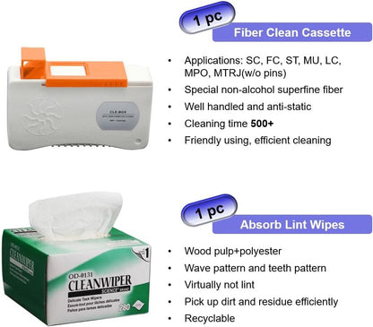 Fiber Optic Cleaning Kit Fiber Optic FTTH Cleaner Tools with 1.25mm / 2.5mm One Click Cleaner Pens and Cleaning Sticks Wipes for Cleaning FC SC ST LC MU Connectors