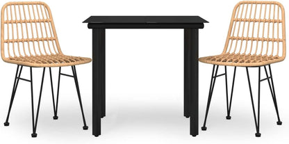 Tidyard Tuin-eetkamerset, glazen tafel en stoelen van gevlochten rieten voor de tuin, eettafel, 3-delig, polyrotan 15#, 1 x tafel, 2 stoelen - QUORE