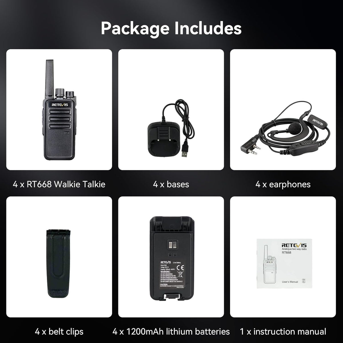 Retevis RT668 Walkie Talkie, PMR446 Licentievrij 16 Kanalen, Walkie Talie set met Oordopjes, Handsfree VOX, CTCSS/DCS, Squelch TOT Scan, Hotel, Familie, Portofoon Oplaadbaar (Zwart, 4 Stuks)