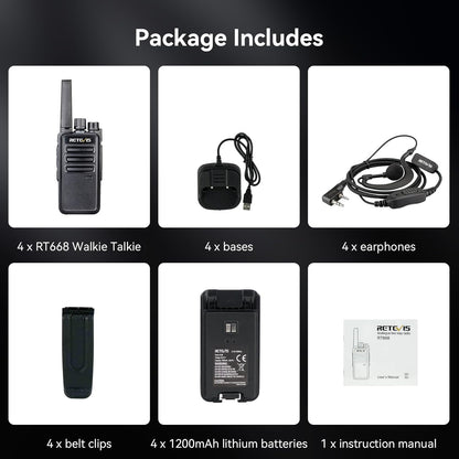 Retevis RT668 Walkie Talkie, PMR446 Licentievrij 16 Kanalen, Walkie Talie set met Oordopjes, Handsfree VOX, CTCSS/DCS, Squelch TOT Scan, Hotel, Familie, Portofoon Oplaadbaar (Zwart, 4 Stuks)