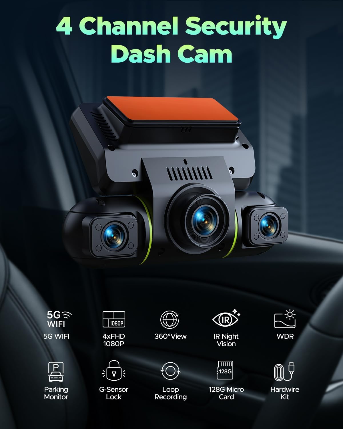 Dashcam – Autocamera – Dash Cam – 4-Kanaals Dashcam – Parkeercamera – 4x 1080p 360°-Zicht – WiFi & App-Bediening
