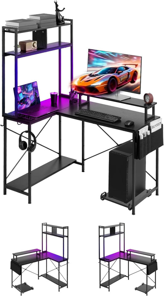 VEVOR Computer-gamingbureau, L-vormig, omkeerbaar, 1200 x 900 x 1600 mm, met stopcontacten, CPU-standaard, planken, gamingtafel voor pc, thuiskantoor