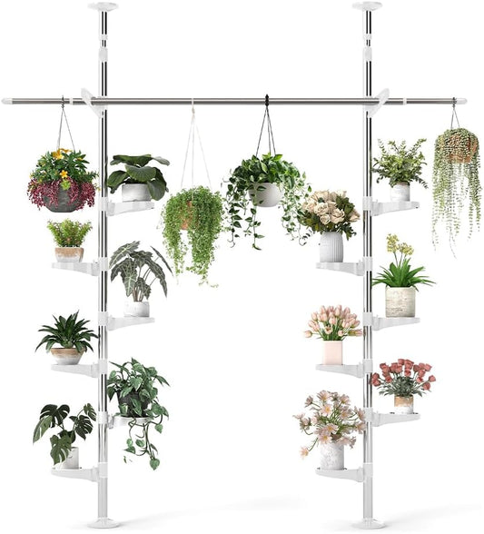 Verstelbare plantenstandaard met spanstang – Plantenrek – Hoekrek – Bloemendisplayrek – Opbergrek – Zonder boren, 12 plateaus, 2 haken en telescopische droogstang