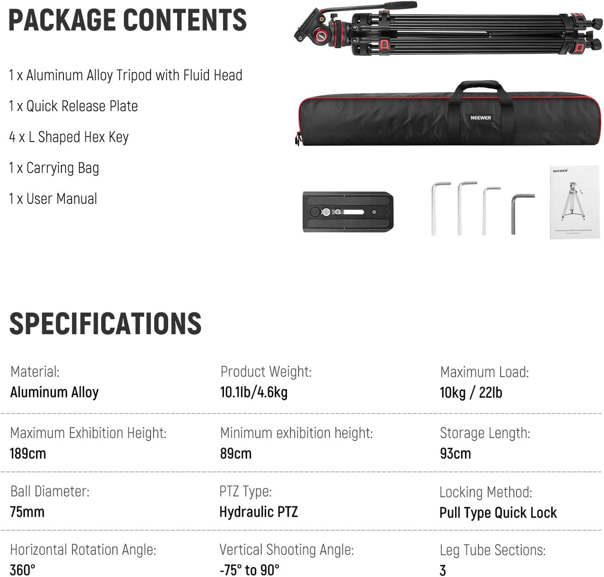 Videostatief – Camerastatief – Camera Statief – Tripod – Filmstatief – Vloeistofkop Met Instelbare Demping – 360° Draaibaar Met +90°/-75° Kanteling