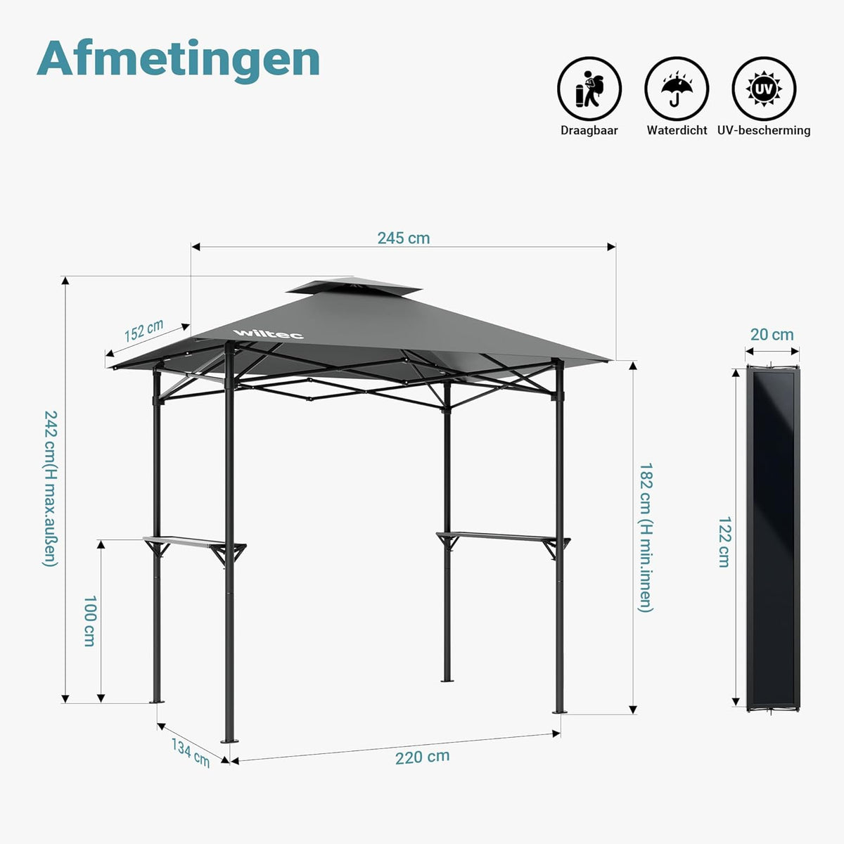 Wiltec BBQ-paviljoen barbeque grillpaviljoen rookafvoer met 2 platen, 2,45 x 1,52 m grijs