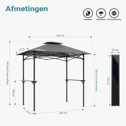Wiltec BBQ-paviljoen barbeque grillpaviljoen rookafvoer met 2 platen, 2,45 x 1,52 m grijs