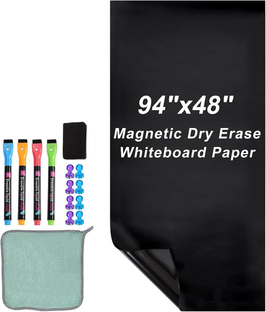 PATIKIL Magnetisch droog wissen whiteboard papier, 122 x 238 cm zelfklevende zwarte bordstickers voor muur schoolbord contactpapier vel met marker, magnetische gum en magneten, zwart