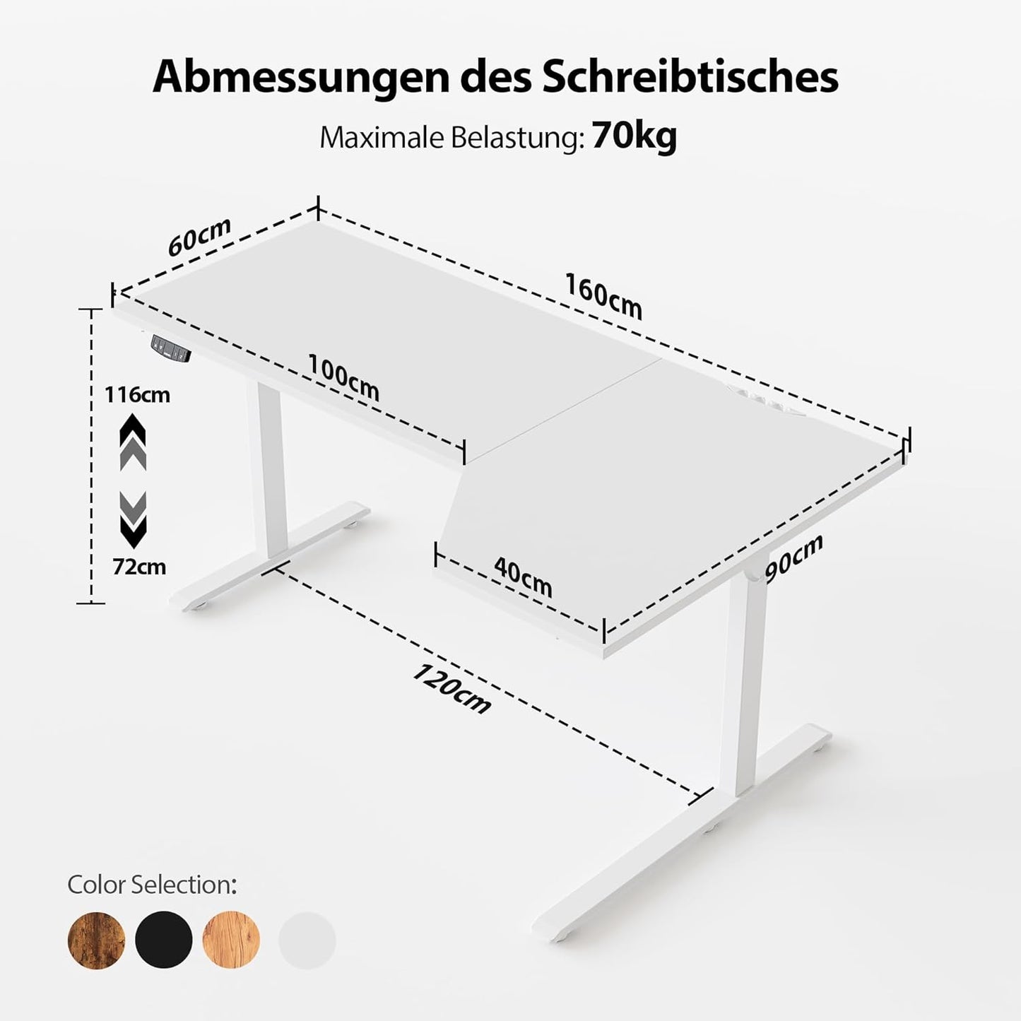 Agilestic Elektrisch sta-bureau 160 cm in L-vorm, in hoogte verstelbaar om thuis staand of zittend te werken, ergonomisch computerbureau, wit