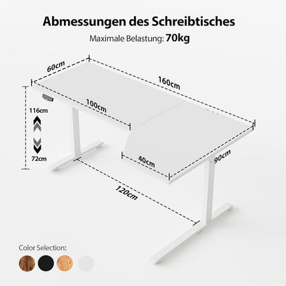 Agilestic Elektrisch sta-bureau 160 cm in L-vorm, in hoogte verstelbaar om thuis staand of zittend te werken, ergonomisch computerbureau, wit