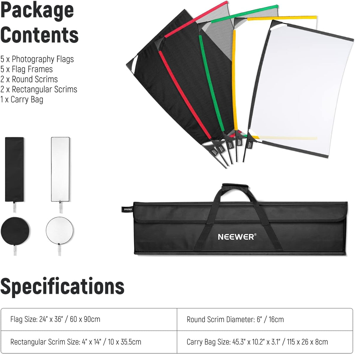 NEEWER SF6090F 5-in-1 opvouwbare fotovlaggenset, reflector, lichtmodificator, voor zacht, diffuus en lichteffecten, inclusief draagtas