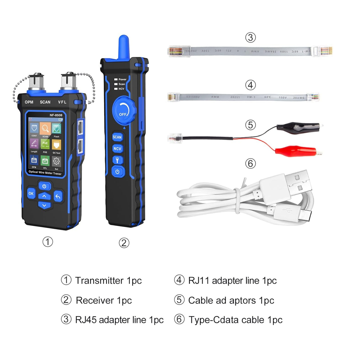 Netwerktester LAN tester met optische vermogensmeter CAT5 CAT6 netwerkkabeltester RJ11 RJ45 ethernet tester kabeltracking met NCV, poort flash, type C laadondersteuning.