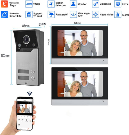 Wifi Tuya Bedrade Video Intercom 2-unit Voor Home Deurbel Video Telefoon Systeem, 7-inch Indoor Monitor Touch Screen, 1080p HD Camera Nachtzicht, Pir Motion Detection, Woning/kantoor/hotel/villa