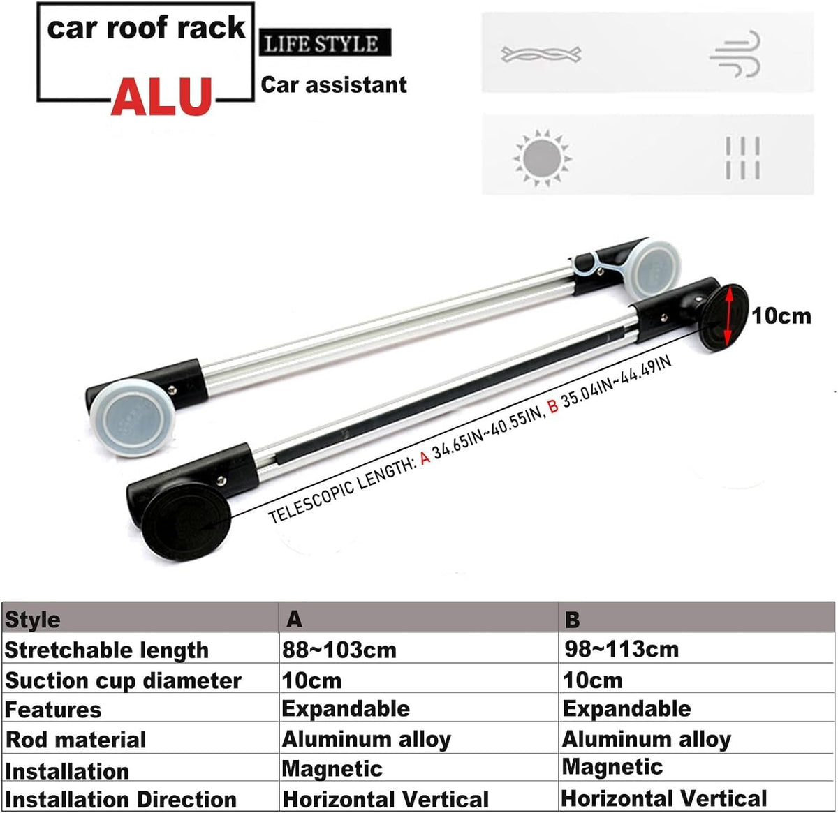 Magnetisme Dakbagagedrager voor auto's, universele aluminium dakdragers, in lengte verstelbaar, voor kajak, surfplank, kano, snowboard, paddle board (2 stuks, 100-115 cm)