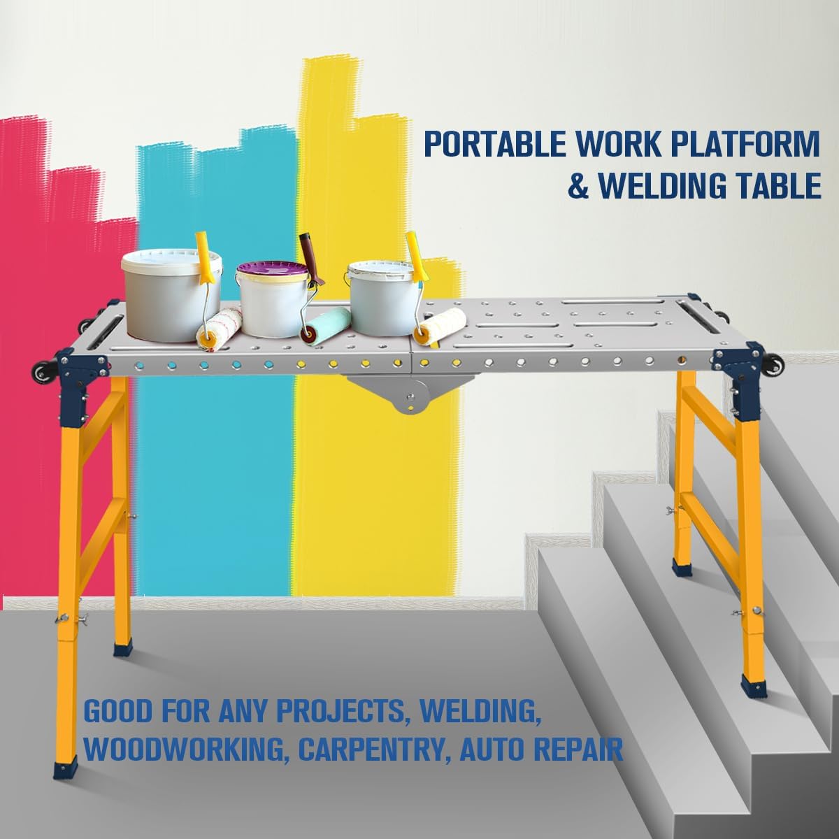 Veelzijdig draagbaar stalen werkplatform en lastafel met wielen | 36 x 140 cm gegalvaniseerd tafelblad | 500 kg draagvermogen | Verstelbare hoogte