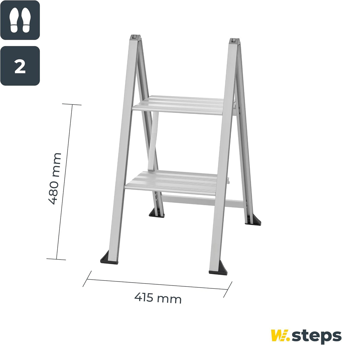WIBE LADDERS Vikingstep Mini trapladder, 480 mm hoog, belastbaar tot 150 kg, compacte aluminium vouwladder met 2 treden, slechts 35 mm breed, 72814