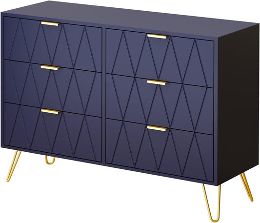 Commode – Ladekast – Opbergkast – Chest Of Drawers – Kast – Scandinavisch Design – 6 Ruime Laden – Hout En Ijzer 100x34x73 cm Blauw