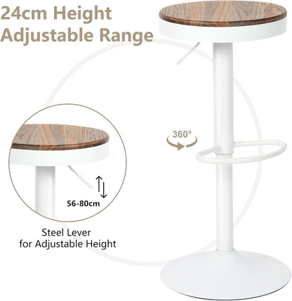 YOUNIKE Barkruk, set van 2, wit hout, in hoogte verstelbaar, draaibaar, barkruk, keukenstoelen, hoogte barstoelen met voetensteun, voor bar keuken