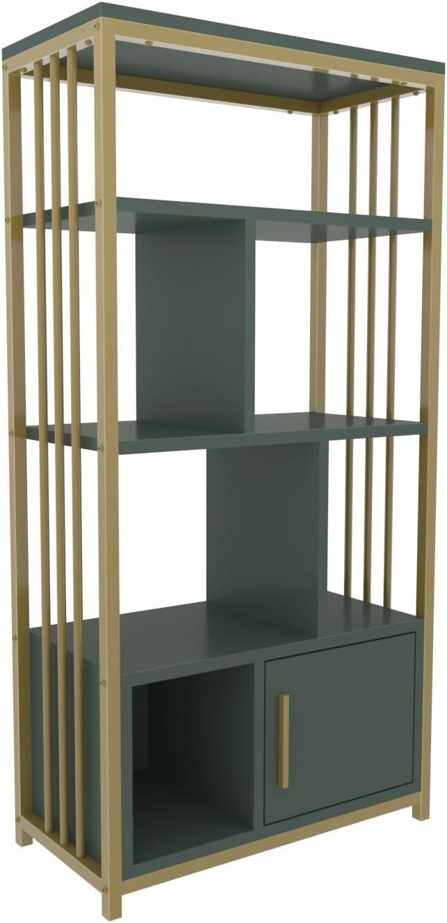 Hanah Home Elegant Green & Gold Bookshelf, 60 cm x 120 cm x 29,6 cm, 100% Melamine Coated Particle Board, 18 mm dik, stijlvolle opslag voor moderne ruimtes