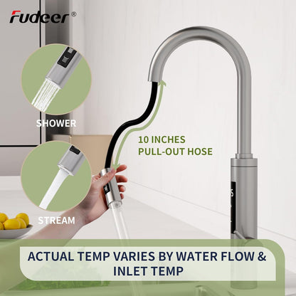 Waterkraan met doorstroomboiler, 3,3 kW digitaal display, elektrische waterkraan met 360° rotatie en 10 inch uittrekbare slang en 2 sproeimodi, 220-240 V, 30-45 °C, zilver