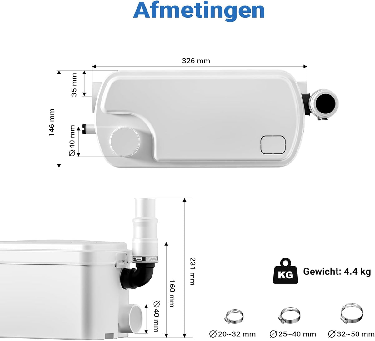 Opvoerinstallatie Afvoerwaterpomp Vermaler Snijwerkpomp Vergruizer – 3 Inlaten 1 Uitlaat – Krachtige 250 W Motor – Max Opvoerhoogte 8,5 Meter
