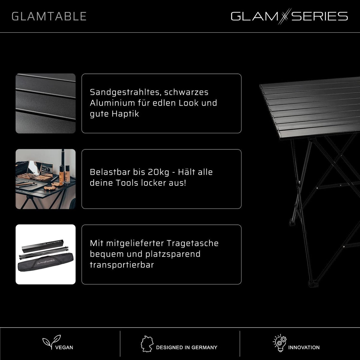 GlamTable make-up tafel inklapbaar, kaptafel tot 20 kg, opmaaktafel met transporttas, cosmetica-tafel voor visagisten, kappers, tatoeëerders