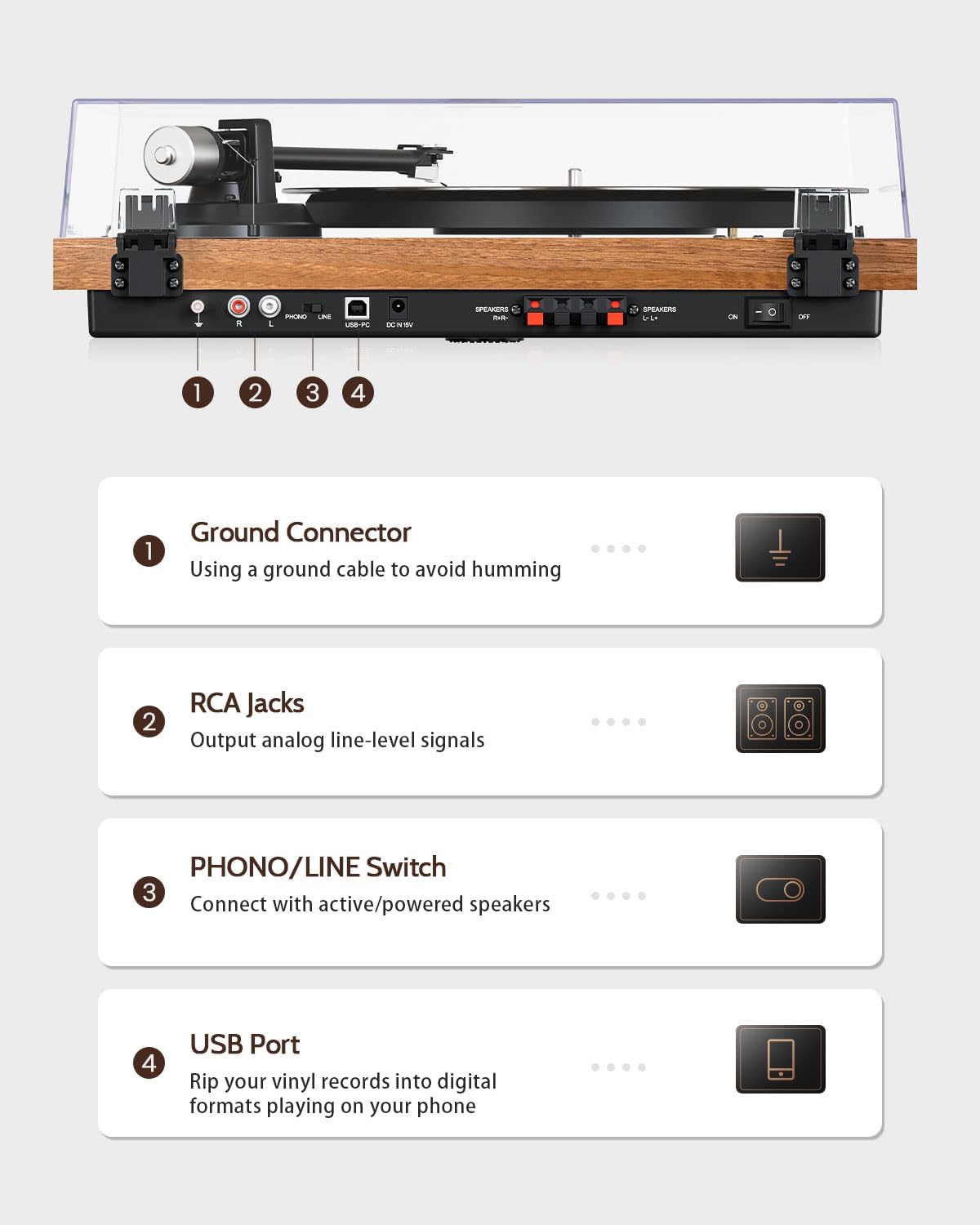 HiFi Platenspeler met Luidsprekers – Draaitafel – Vinylspeler – LP Speler – All-In-One Platenspeler – Bluetooth Streaming – USB Digitalisering
